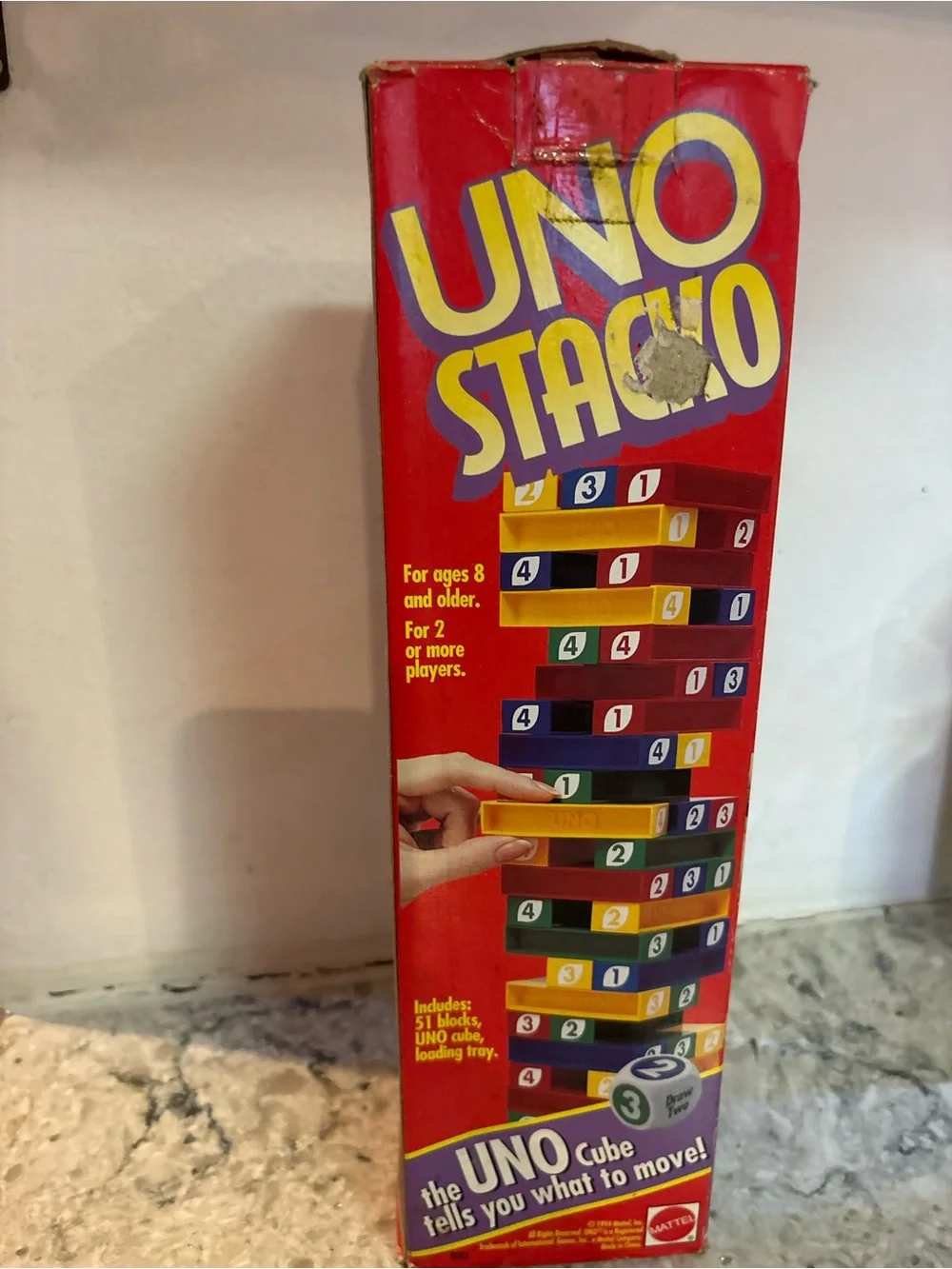 Mattel UNO Stacko Red Game Box with Yellow and Blue Elements